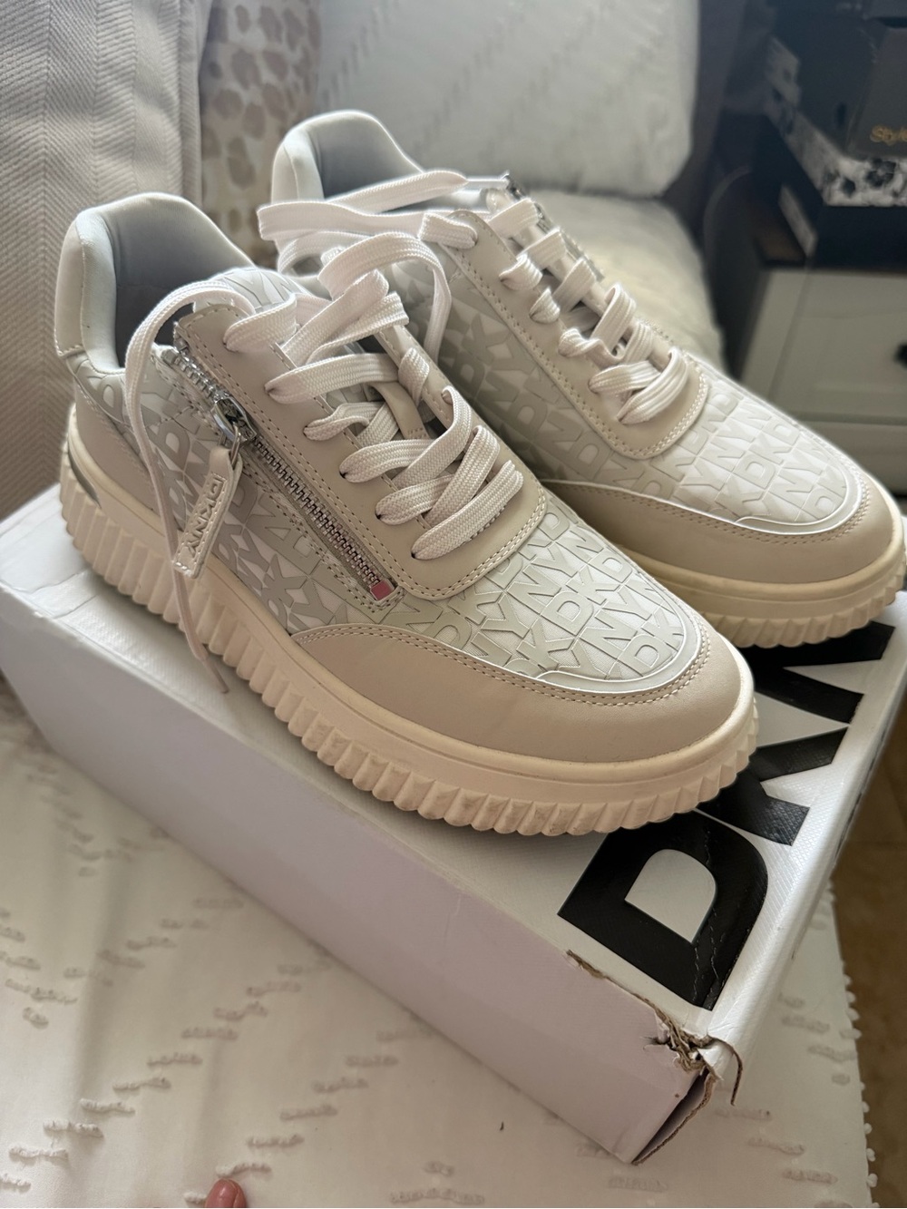 DKNY Cream/White Logo Platform Sneakers
